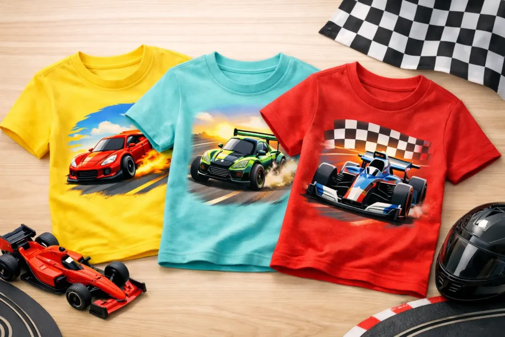 HOME 44 Kinder-Rennwagen-Shirt-Motive, die Gas geben